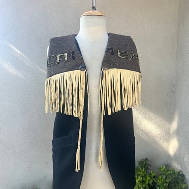 Vintage wool vest Southwest Mexican theme leather fringe beaded Oaxaca on back Sz Small by Krista Koeppe 