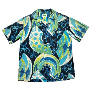 Vintage 1960s MALIHINI Hawaiian Sport Shirt ~ S to M ~ Loop / Camp Collar ~ Barkcloth ~ Rockabilly / Tiki / Atomic / VLV 