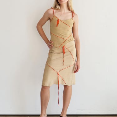 Vintage Y2K D&G Nude + Orange Suede Whipstitch Two Piece Set with Spaghetti Strap Tank + Midi Skirt Dolce and Gabbana sz XS S 2000s 