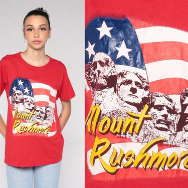 Mount Rushmore Shirt 80s USA Flag Graphic Tee Black Hills South Dakota T-Shirt Travel Tourist Retro Red Single Stitch Vintage 1980s Medium M 