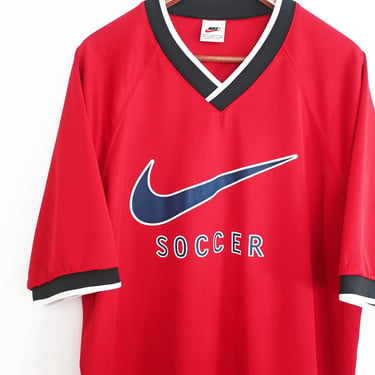 NIKE soccer jersey / Nike jersey / 1990s NIKE Swoosh Soccer baggy red ringer v neck jersey XL 