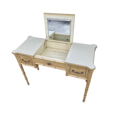 Rare Henry Link Vanity Table with Faux Bamboo, Mirror, Storage and 2 Drawers - Vintage Bali Hai Hollywood Regency Coastal Desk Furniture 