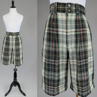 80s 90s Plaid Shorts - 26 waist - Pleated High Waist - Black Brown Cream Gray-Blue Red - OBR - Vintage 1980s 1990s - S 