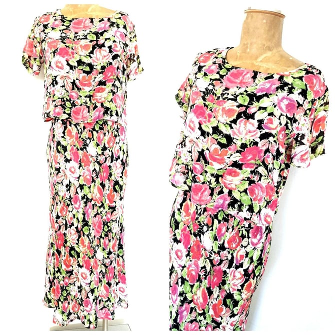 Vintage 80s Carol Anderson Dress Size Medium Floral Grunge Sheer Overlay