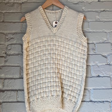 Sm Med, Vintage 1970s Hand Knit Cream Sweater Vest, Boho 