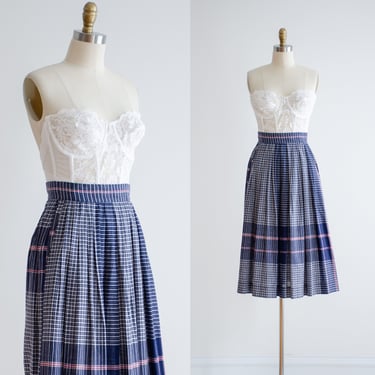 navy blue plaid skirt | 80s 90s vintage red white blue cute cottagecore fit and flare cotton midi skirt 