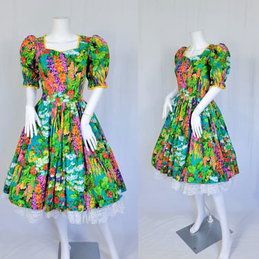 1960's Green Garden Party Floral Print Circle Skirt Square Dance Dress I Sz Med 