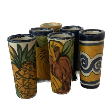 Tequilla Shot Glasses, Set of Six Ceramic Shot Glasses, Made in Mexico, Vintage Barware, Talavera Folk Art Glasses, Vintage Mexico Ceramics 