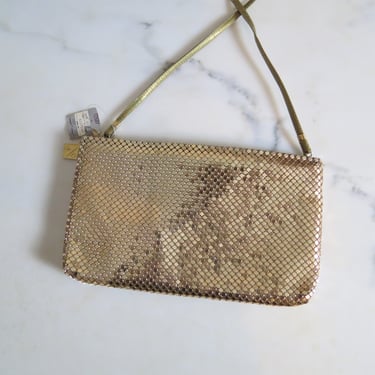 Vintage 1970s, 1980s Whiting and Davis gold metal mesh crossbody bag handbag, deadstock, NOS, NWT 