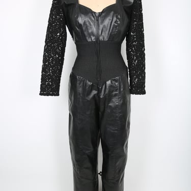 80s 90s Vintage Black Leather & Lace Jumpsuit Streetwear RocknRoll Rockstar Concert 