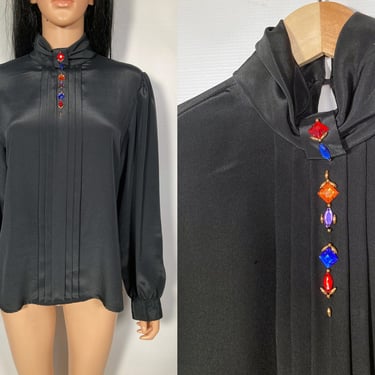 Vintage 80s Black Silky Vampire Blouse With Jewels Size L 