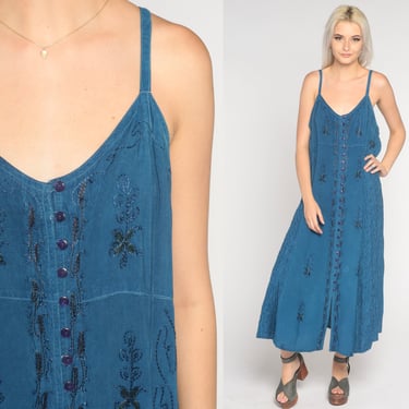 Boho Midi Dress Y2k Blue Indian Embroidered Dress Floral Sundress Hippie Button Up Empire Waist Front Slit Sun Day Dress Vintage 00s 2xl xxl 