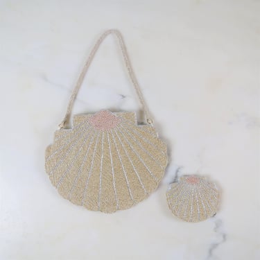 Vintage beaded purse, handbag, shell motif, matching coin purse 