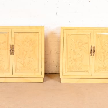 Henredon Mid-Century Hollywood Regency Chinoiserie Lacquered Faux Goatskin Cabinets, 1970s