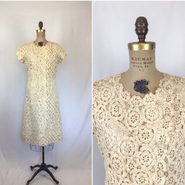 Vintage 50s dress | Vintage ivory ribbon floral dress | 1950s crochet sweater dress 