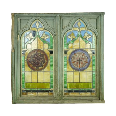 Antique Gothic Religious Oak Framed Lead Double Stained Glass Window