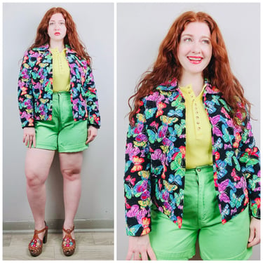 1990s Vintage Maggy London Colorful Silk Jacket / 90s Rainbow Butterfly Quilted Coat / Size XL / 16 