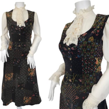 2 Pc 1970's Black cotton Velvet Faux Patchwork Floral Print Skirt Vest Set I Sz Med 