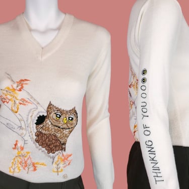 1970s owl sweater. Embroidered front & back design with lettering on the arm. Vintage fall fashion. V neck pullover. (Size S) 