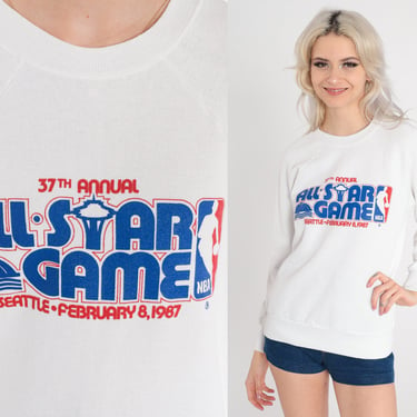 1987 NBA All-Star Game Shirt 80s NBA Basketball Sweatshirt Seattle Sports Baggy Pullover Jumper 1990s Graphic Raglan Vintage White Small 
