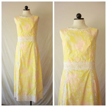 60s Yellow and Pink Floral Hawaiian Cotton Maxi Dress Size M 