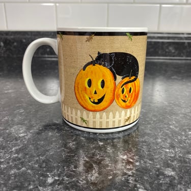 Vintage Warren Kimble”Pumpkin Dreams” Halloween Ceramic Mugs, Black Cats, 2000 Halloween Mug, Jack O Lantern, Black Cat, Fall Coffee Mug 