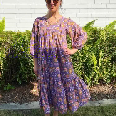 Hand Block Print Midi Dress, Block Print India Cotton Dress, Wood Blocked Floral Dress, Midi Dress with Sleeves, Green Floral Block Print 