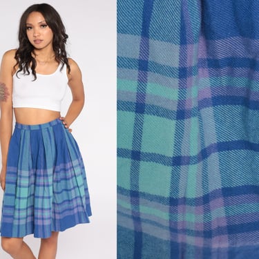 Blue Plaid Skirt 70s Pleated Wool Mini Skirt School Girl Tartan High Waisted Preppy Checkered Retro Lolita Vintage 1970s Extra Small xs 