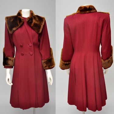1940s burgundy wool coat with faux fur trim S/M 