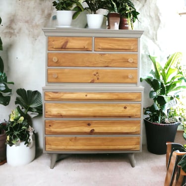 SOLD vintage boho chest of drawers refinished pine Shockey with rattan knobs 