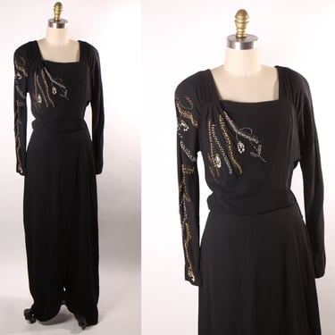 1940s Black Long Sleeve Beaded and Sequin Floral Flower Full Length Dress -M 