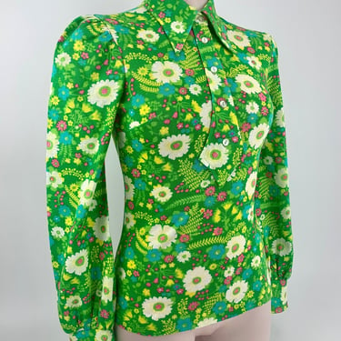1960'S MOD Blouse - Flower Power Cotton Jersey Knit - Puffy Sleeves - Double Button Cuffs - Made in Finland - Size Small - NOS / Dead-Stock 
