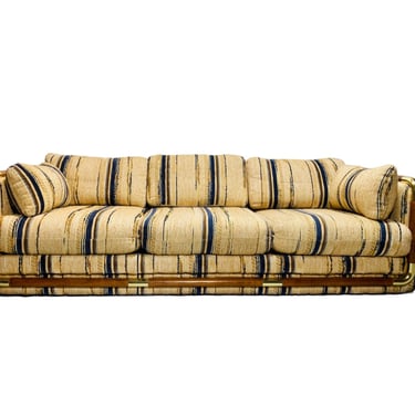 Postmodern Herculon Stripped Wood and Brass Frame 80s Schweiger Sofa in the Style of Jack Lenor Larson and Milo Baughman for Thayer Coggin 