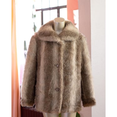 Vintage Faux Fur Coat - 1970s - Glam - Striped, Banded Gray, Brown, White - D'Esprit - Snowflake Buttons 