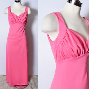 70s Hot Pink Polyester Maxi Dress Vintage Long Gown 1960's, 1970's Disco MOD Evening Party Dress 