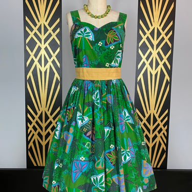 1950s sundress, fit and flare, vintage 50s dress, green cotton, full skirt, tiki print, mod floral, medium, mrs maisel style, 29 waist 