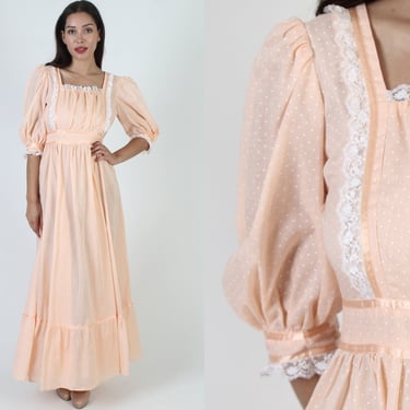 Floor Length Peach Swiss Dot Old Fashion Dress, Vintage 70s Southern Belle Saloon Style Gown, Antique Victorian Era Ball Maxi 
