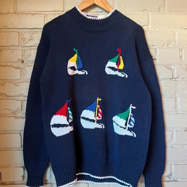 Medium, Vintage 1990s Sailboat Kit Crewneck Sweater, Navy Blue, Picture Knit 