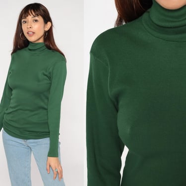 Green Turtleneck Top 80s Ribbed Shirt Long Sleeve Shirt High Neck Plain Simple Basic Blouse Solid Fitted Vintage 1980s Munsingwear Large L 