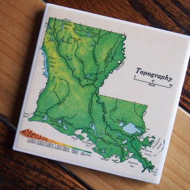 1979 Louisiana Vintage Map Coaster. Louisiana Map. Elevation. Topography. Gulf of Mexico Map. Coastal Louisiana Gift. Mississippi River Map. 