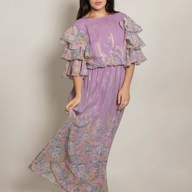 Hanae Mori Purple Metallic Ruffled Sleeve dress 