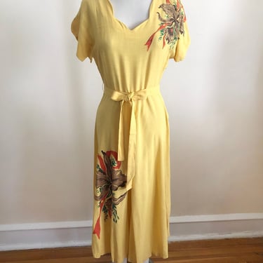 Bright Yellow Midi Dress with Placement Floral Print - 1940s 