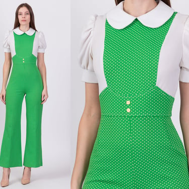 70s Green & White Polka Dot Jumpsuit - XS to Small | Retro Vintage Puff Sleeve Peter Pan Collar Pantsuit Outfit 