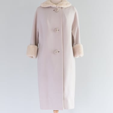 1960's Oyster &amp; Pearl Wool Cocoon Coat With Beaver Collar &amp; Cuffs / ML