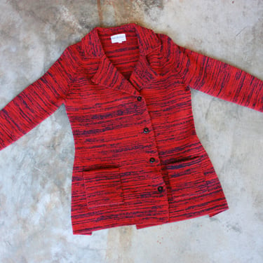 60s 70s Space Dyed Red and Blue Sweater Jacket Blazer Cardigan Size S / M 