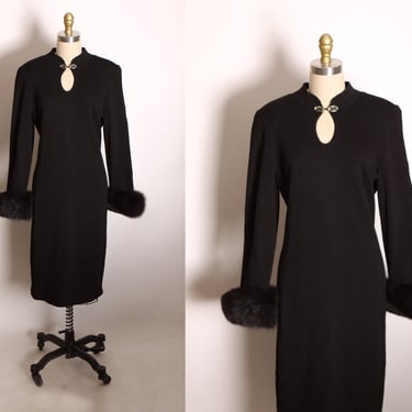 1980s Black Knit Long Sleeve Mink Fur Trim Keyhole Bodice Dress by Toula -L 