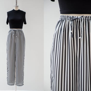 high waisted pants | 90s vintage black white striped silky sheer chiffon dark academia wide leg pants 