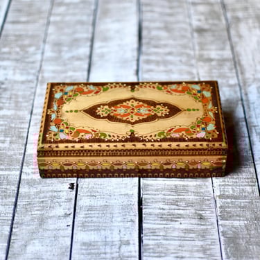 Vintage Wooden Cigarette Box Retro  Pyrographed Cigarette Box 