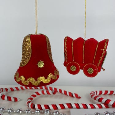 Vintage Embellished Flocked Ornament Set of 2, Red and Gold Accents, Gold Braid Ribbon, Gold Glitter, Red Flocked Bell & Wagon Old Japan 