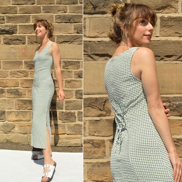 French Gingham Maxi Dress Vintage Style - Forest Meadow Green - Seersucker Check Full Length Midi - Adjustable - Sleeveless 